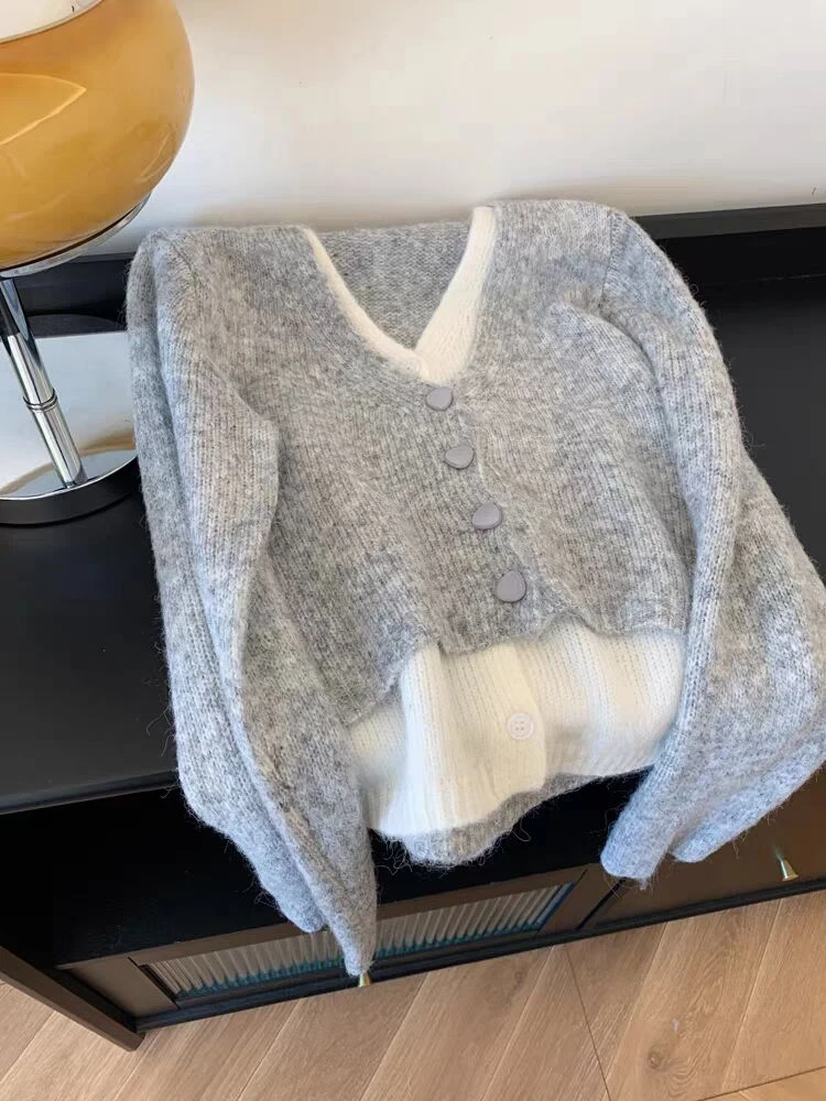 品哥弟新假两件撞色v领针织开衫毛衣外套小个子时尚气质上衣