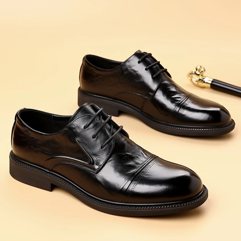 秋季新款头层牛皮商务正装皮鞋男士系带百搭透气时尚上班休闲皮鞋