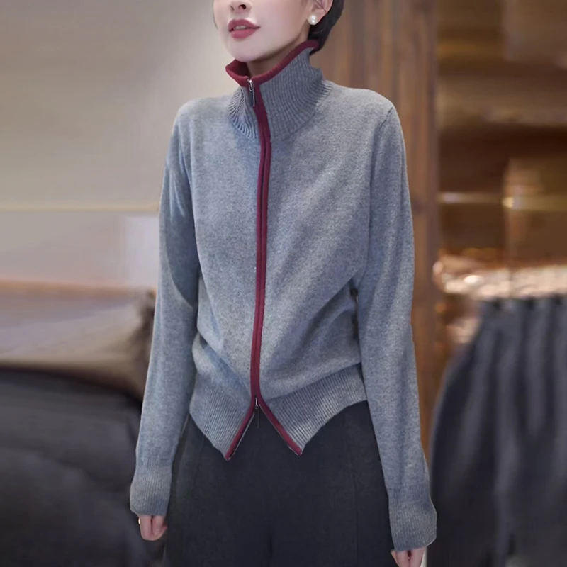 秋冬慵懒风灰色高领毛衣外套女高级感显瘦双拉链加厚针织开衫上衣