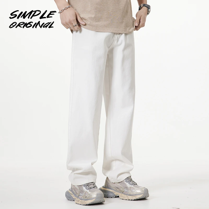 SIMPLE/简原【纯直筒】春季新款三防面料米白色牛仔裤百搭直筒长裤