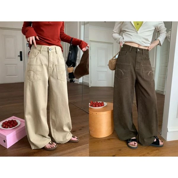 美式小众前刺绣贴袋设计感宽松阔腿牛仔裤女秋季新款休闲百搭长裤