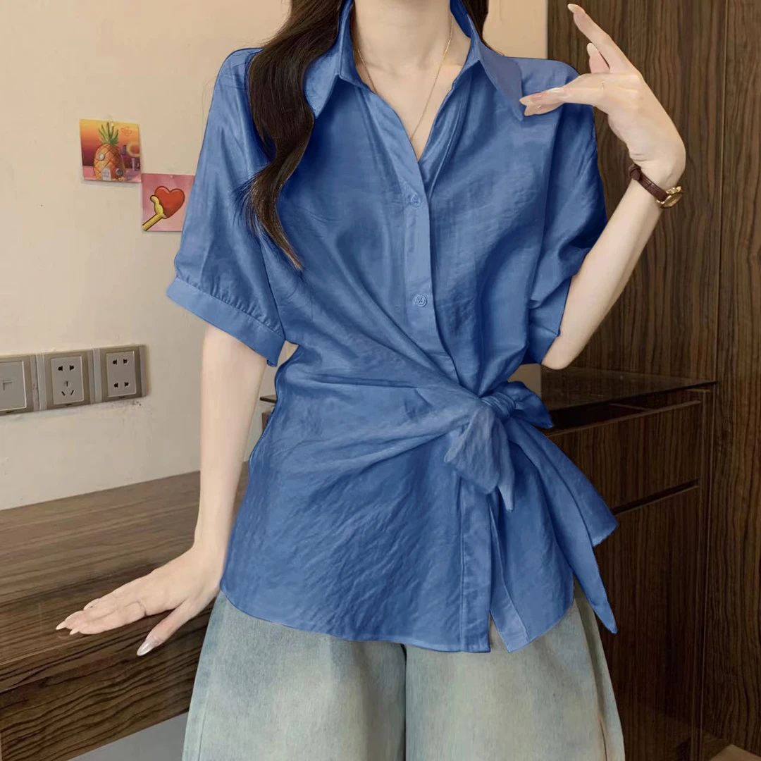 别致不规则系带收腰衬衫女夏季大码胖mm高级小众气质显瘦百搭上衣