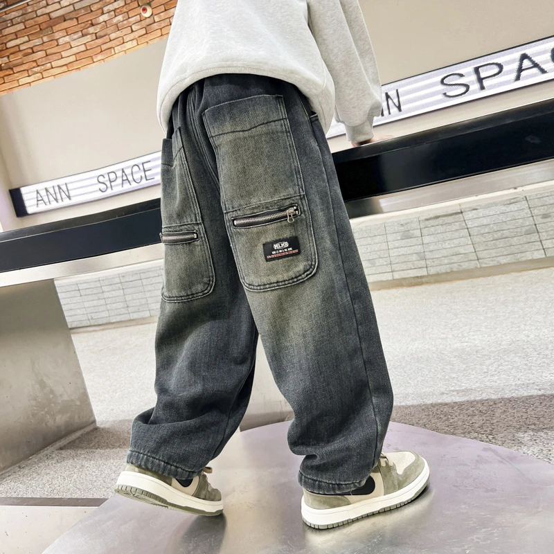 男童韩式潮流加绒牛仔裤2025新款秋冬款儿童加厚长裤帅气直筒裤