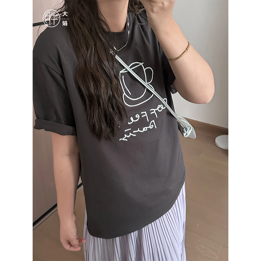 【白线咖啡T恤】胖大娟韩系宽松正肩圆领显瘦夏季立体刺绣短袖