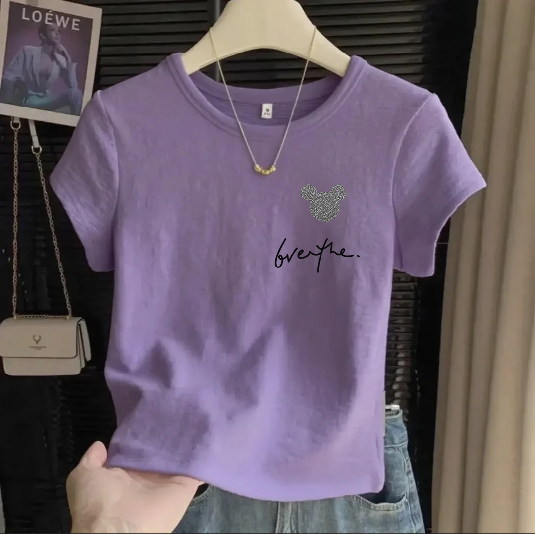 韩系正肩小众设计感肌理感修身短袖T恤女夏修身圆领上衣文艺棉纱