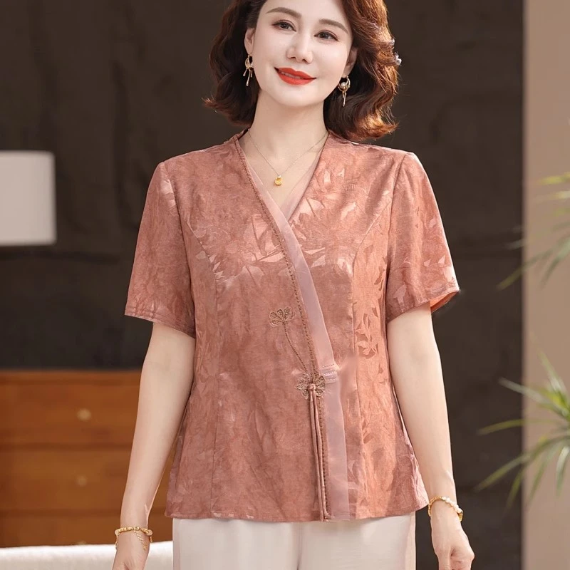 8935妈妈夏装套装高档新款新中式国风小衫中老年女时尚衬衣两件套