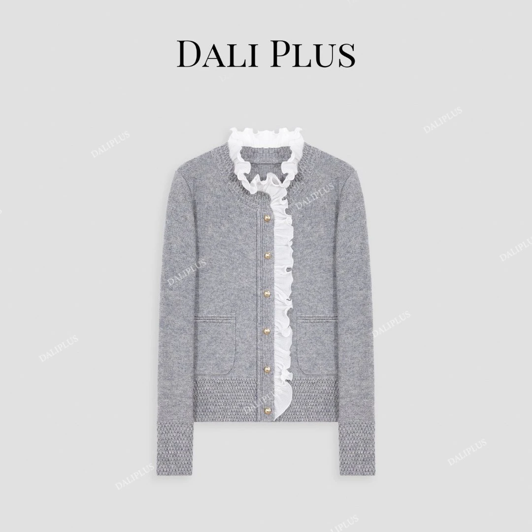 DALI PLUS高级感气质绵羊 毛牙签褶撞色花边针织衫-D4MM0759