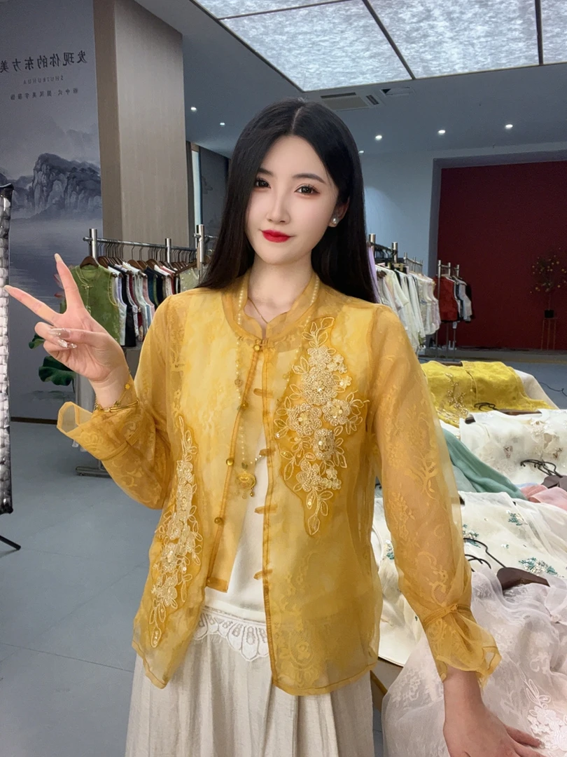 【轻妍】夏季2025新款国风外套女装新中式宽松立领亮片刺绣薄款上衣