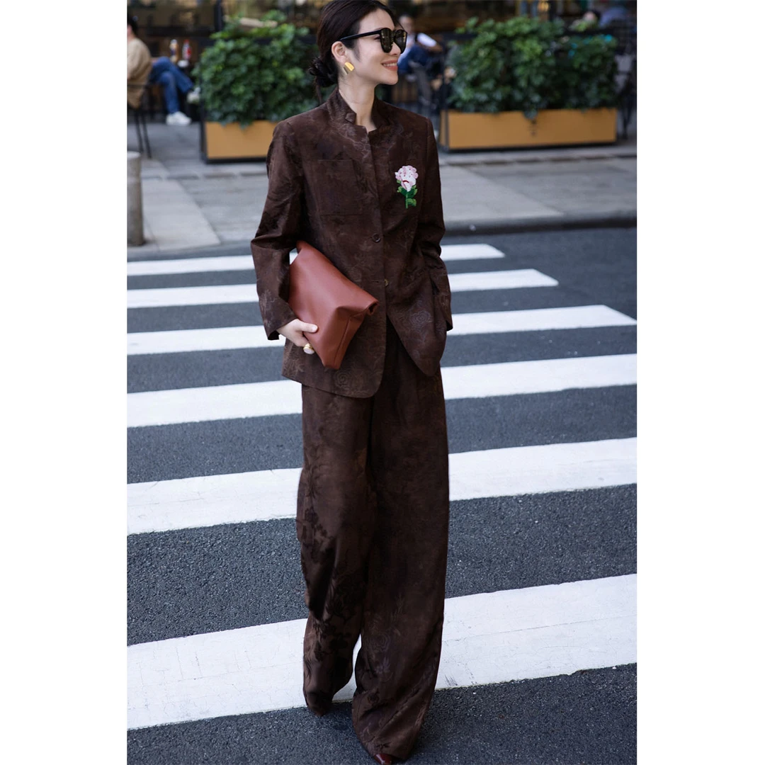 新中式国风提花订珠旗袍外套阔腿裤西装套装高级感女装两件套秋装