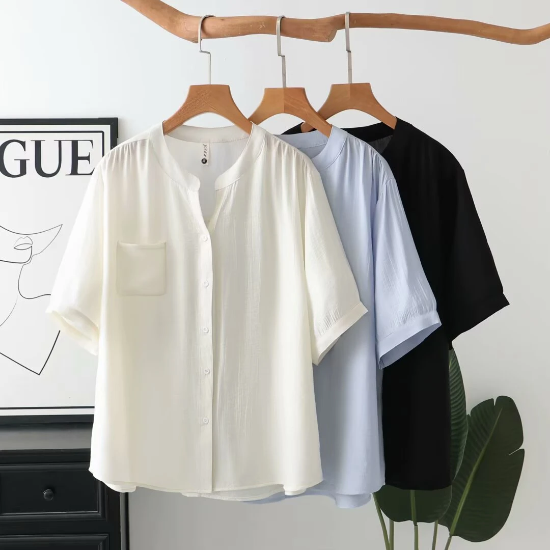 大码夏季夏装短袖V领纯色宽松百搭显瘦可外穿衬衫上衣加大MM遮肉