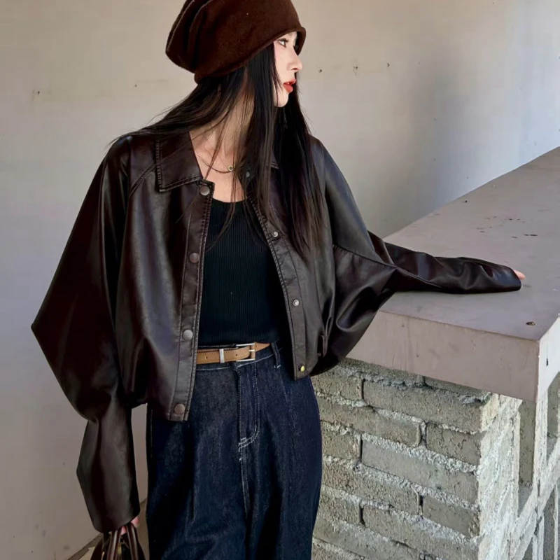 蝙蝠袖皮衣外套女秋冬新款翻领极简时尚潮流上衣