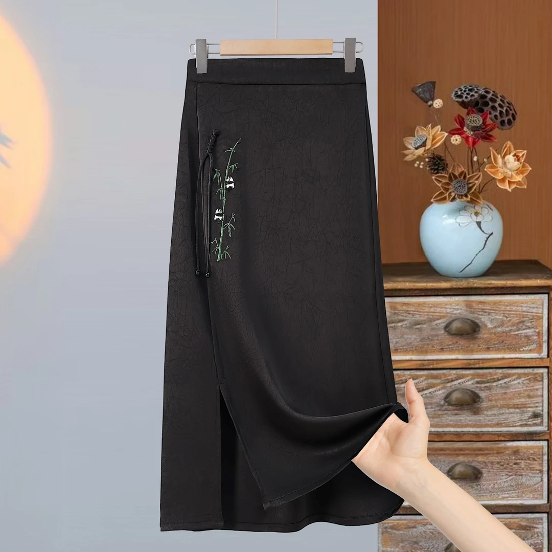 夏季高腰A字裙刺绣包臀裙半身裙中国风女装中式提花开叉气质裙子