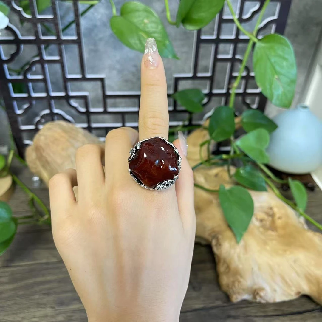 LYliuyng纯手工s925银镶嵌天然海漂不规则原皮蜜蜡琥珀个性大戒指