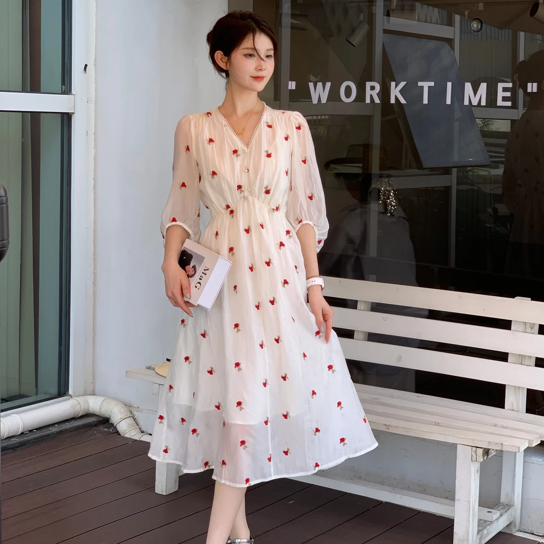 无印心匠B258 休闲风优雅气质刺绣连衣裙宽松女装印花 K857