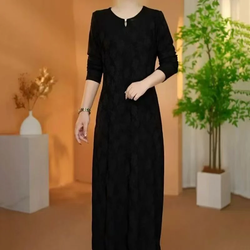 2025新款正版云锦丝提花长袖圆领遮肉显瘦连衣裙气质时尚中长款