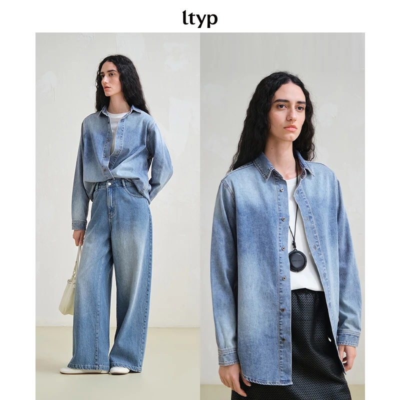 ltyp 9.2 水磨白棉感牛仔衬衫 时尚POLO领衬衣女秋新款E103253117