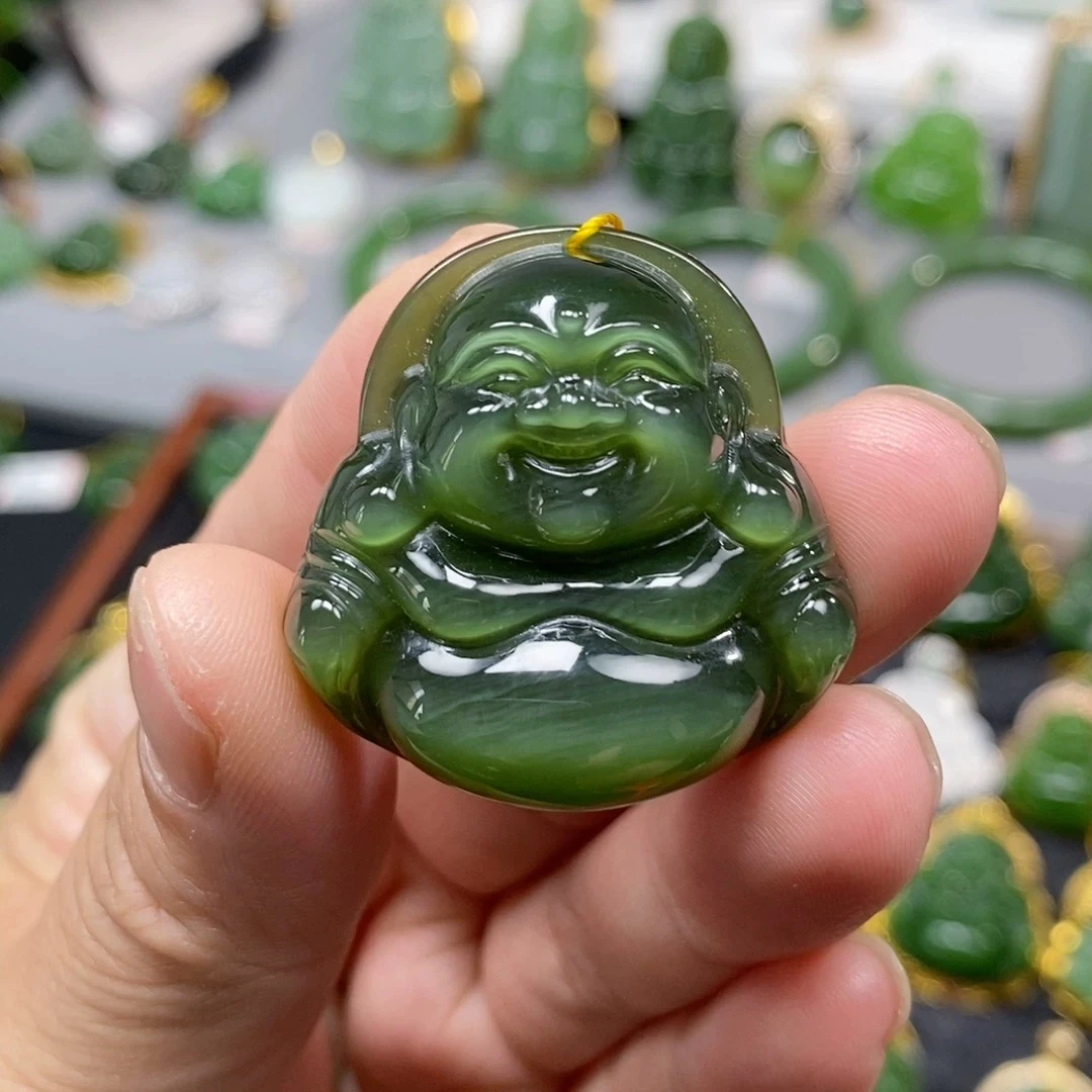 猴教授珠宝和田碧玉黑猫冰底高油高润猫眼厚妆佛公吊坠35mm