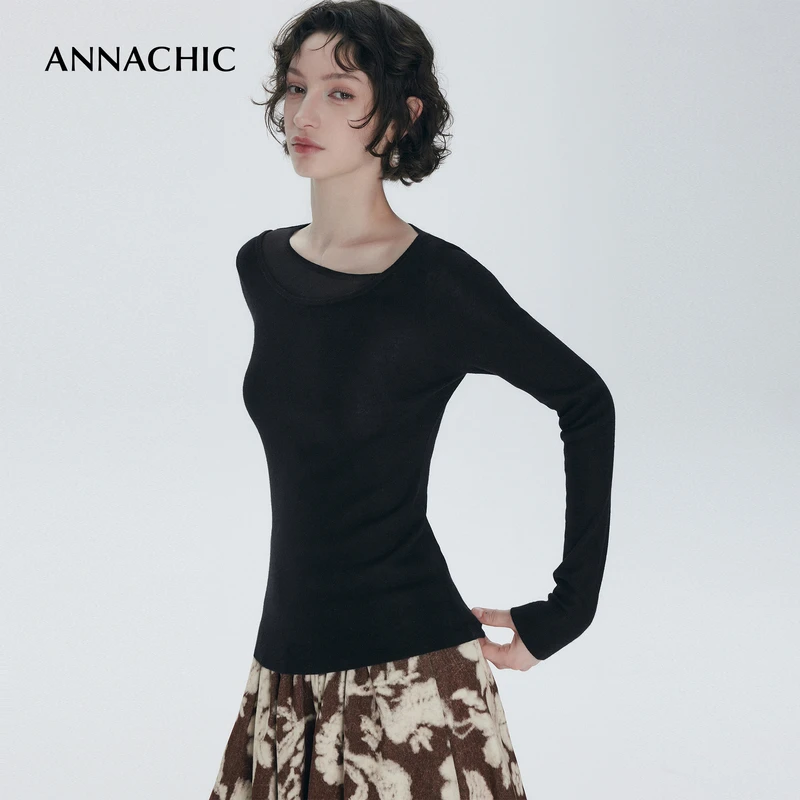 ANNACHIC时髦博主_斜领拼接透视针织衫女/修身打底衫显露锁骨上衣