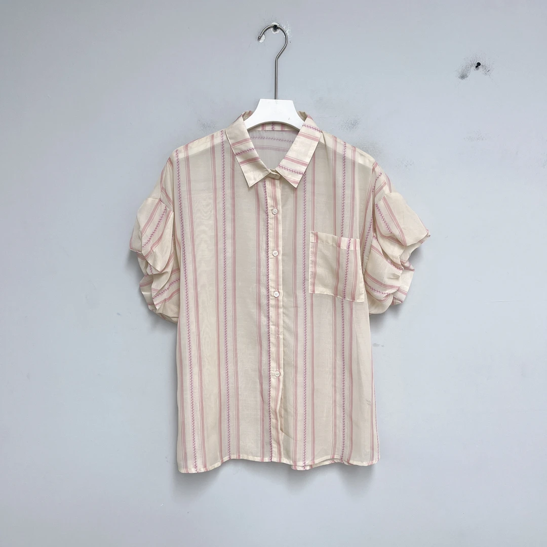 349女装翻领衬衫时尚休闲百搭竖条纹粉色宽松