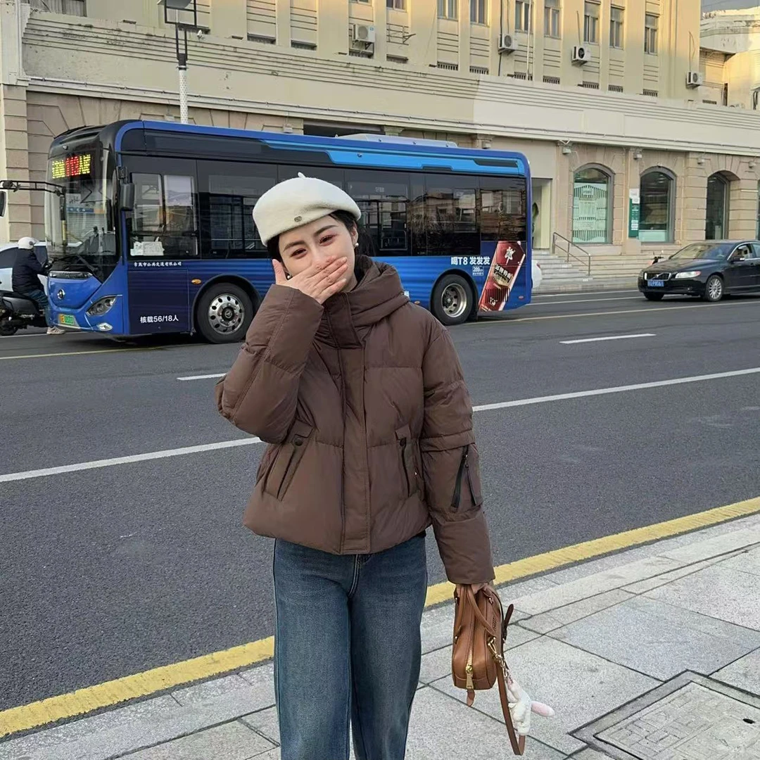 玳妮【小暖包】冬季 防风连帽短款龟背设计羽绒服 蓬松侧拉链面包服