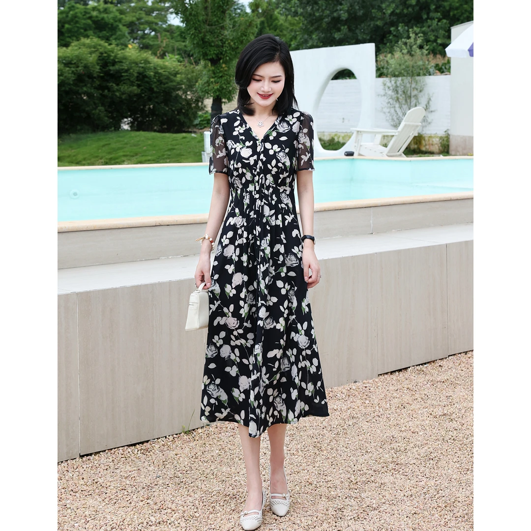 枫竺阿楠anan法式V领短袖碎花女夏季通勤中长款连衣裙可收腰裙子