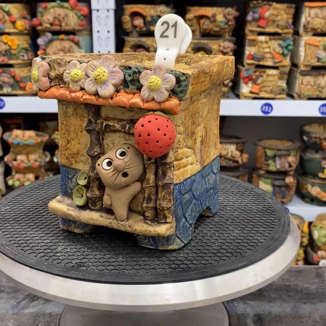 白狐粗陶手捏花盆