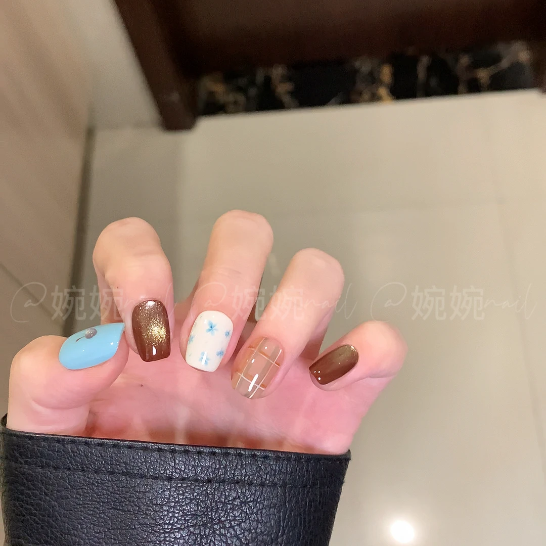 婉婉【秋意】纯手工手绘秋冬猫眼格纹百搭设计穿戴甲