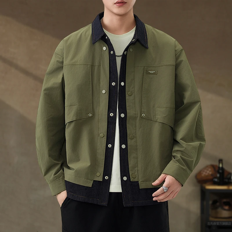 设计感假两件衬衫外套男秋季新款宽松大码高端休闲工装衬衣夹克潮