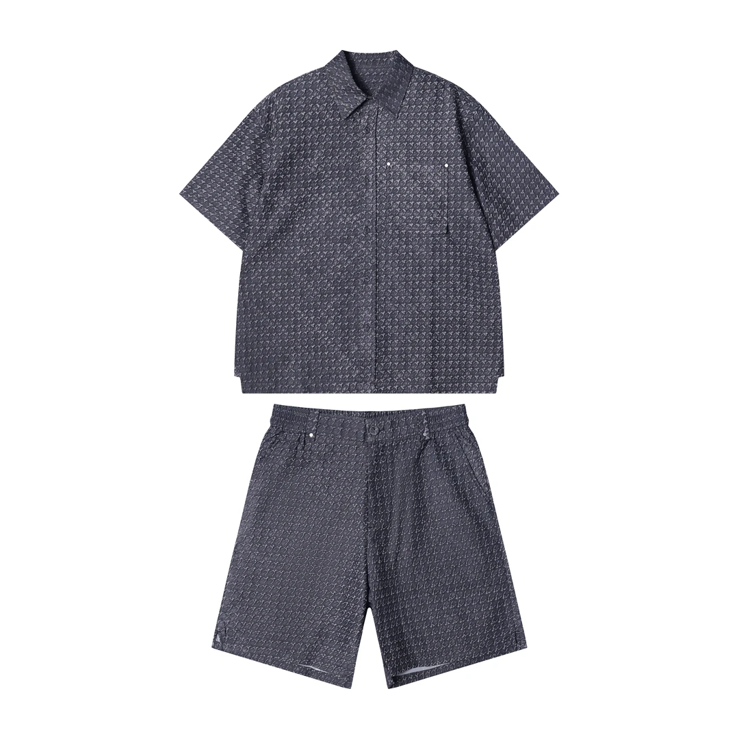 夏季高级感新款潮牌翻领纽扣衬衫百搭短裤百搭潮流设计款套装