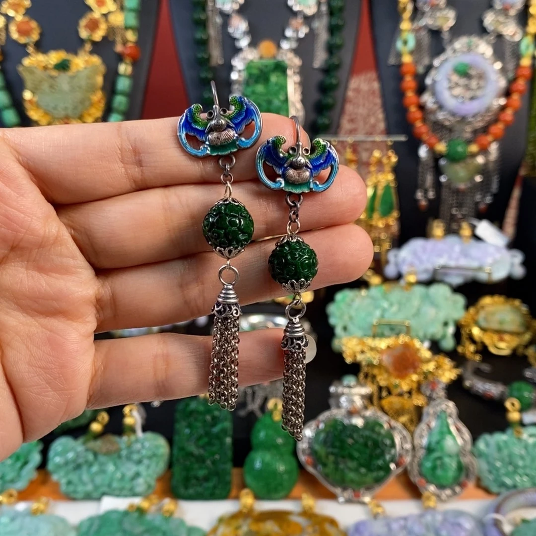 翡翠耳饰未镶嵌花青耳坠 亏清