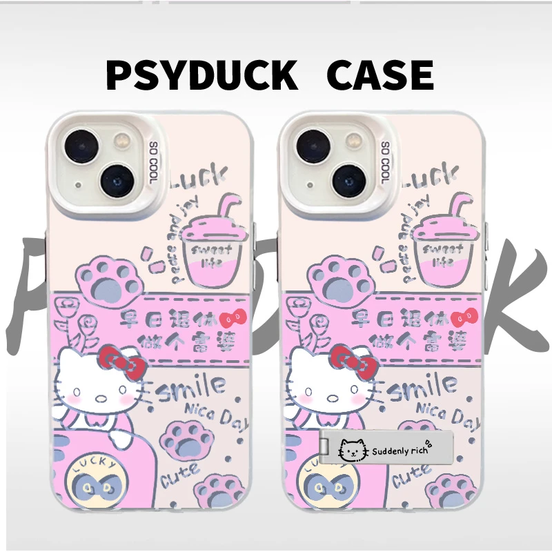 适用苹果华为一加小米富婆凯蒂猫彩银白底卡通动漫防摔手机壳全包