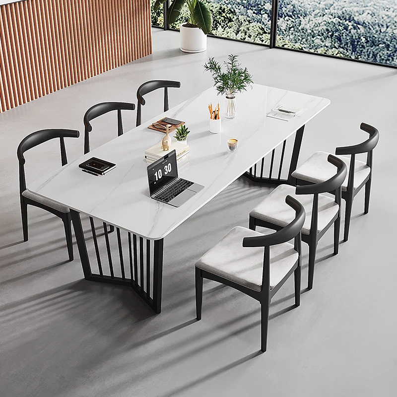 轻奢岩板会议桌长桌桌椅组合长方形现代简约办公桌接待洽谈工作台