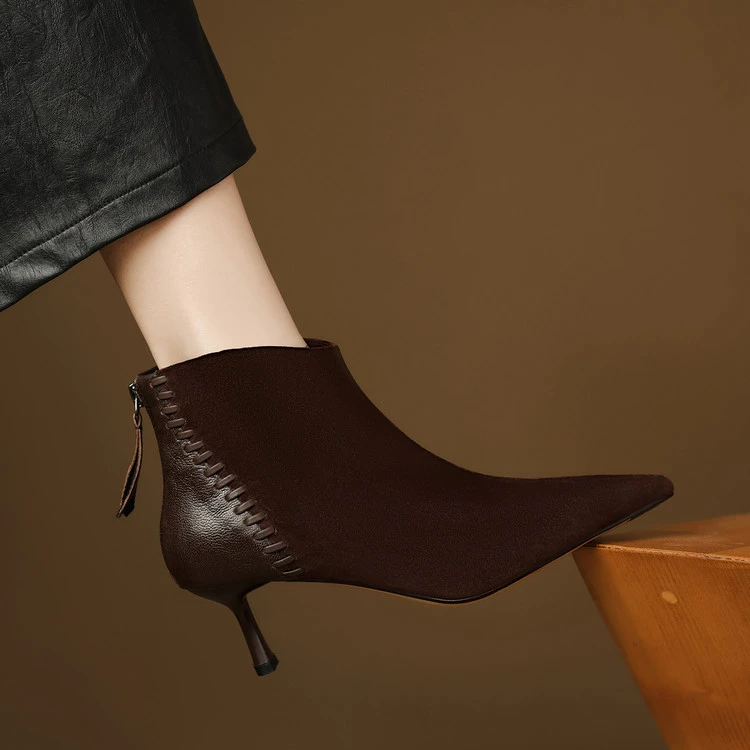 羊皮~5.5cm秋冬新款细跟真皮短靴女拼接气质高跟鞋尖头短筒及裸靴