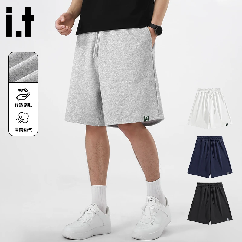 i.t izzue灰色短裤男款夏季潮牌阔版五分裤亲肤透气直筒运动中裤