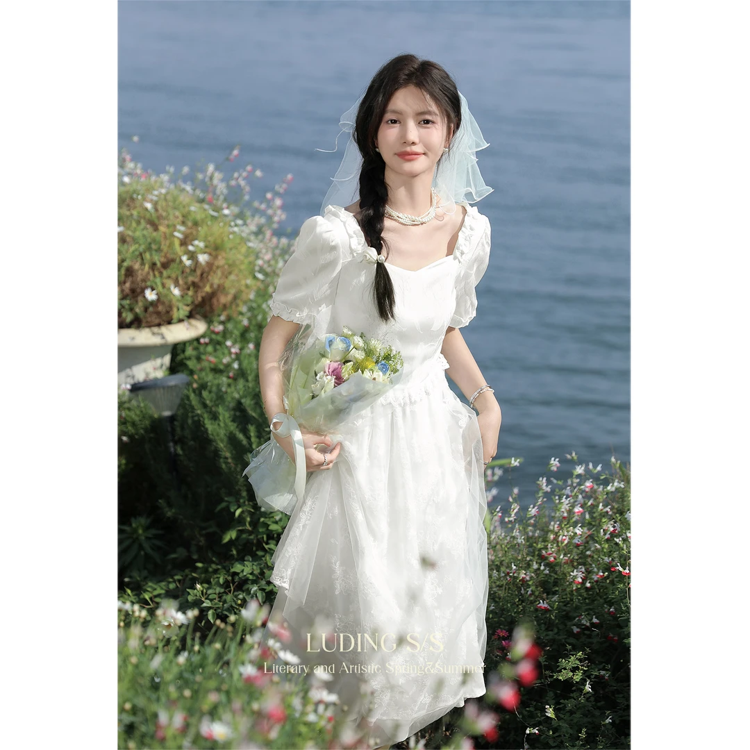 鹿盯盯微胖大码女装法式白色方领短袖连衣裙女夏显瘦领证胖mm裙子