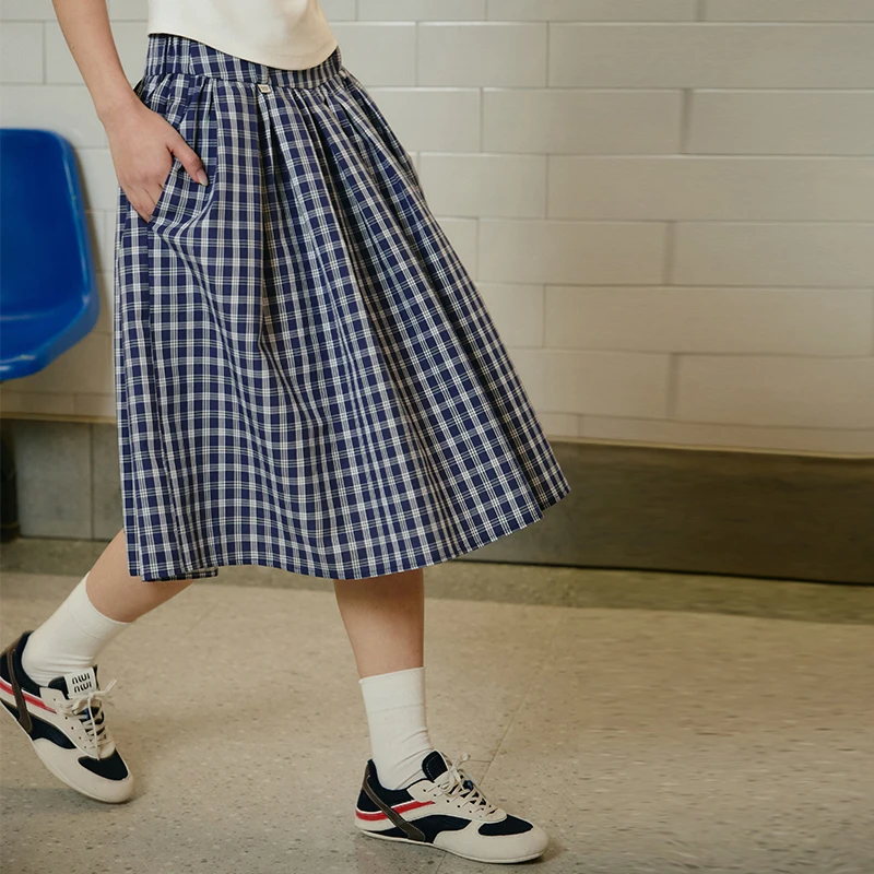 【娜娜专属】PINPINPLUS 蓝白格纹松紧腰中长款半身裙 PABEA310003Z