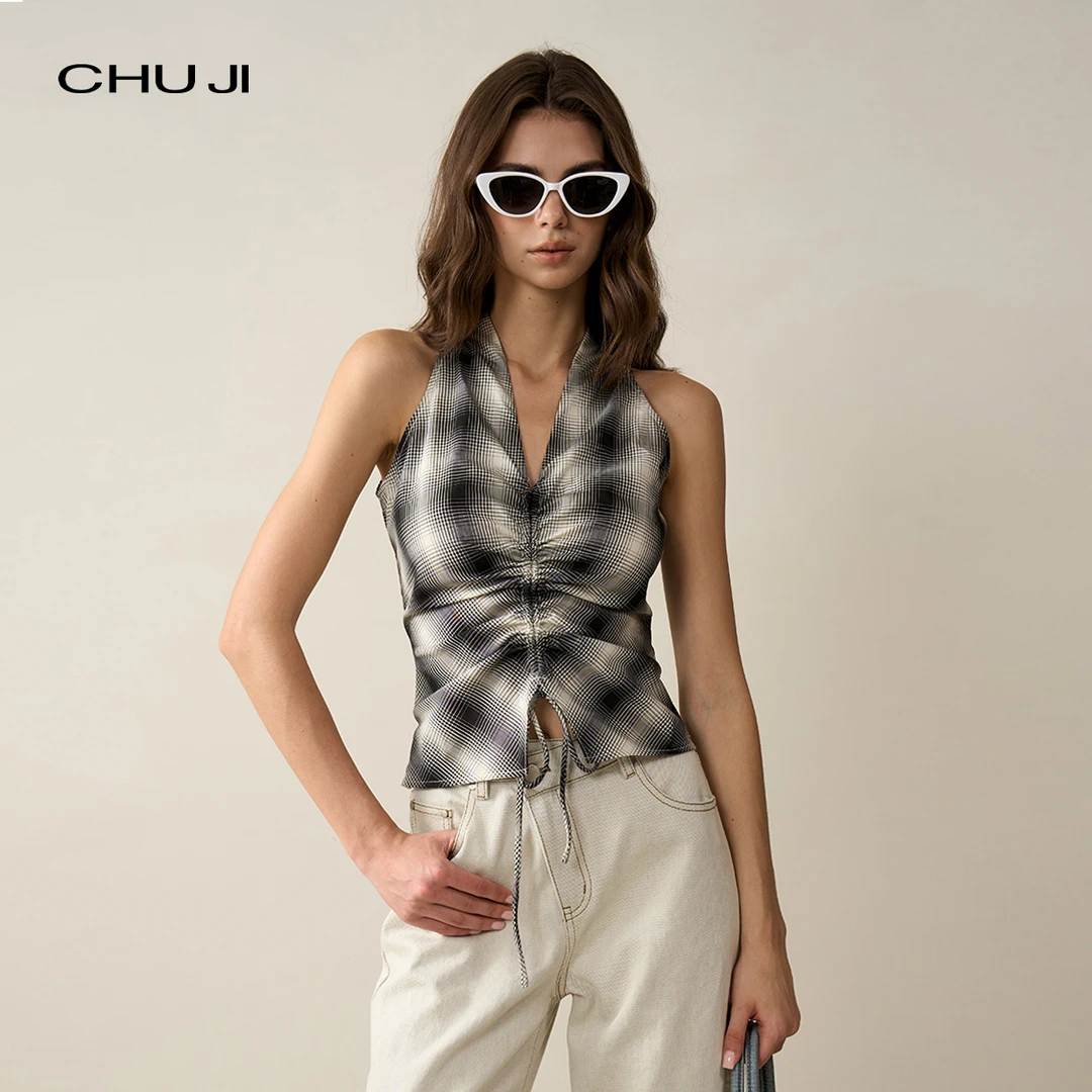 Chuji/出迹威尔士亲王格 削肩挂脖抽褶背心上衣女夏外穿-E1M2328T