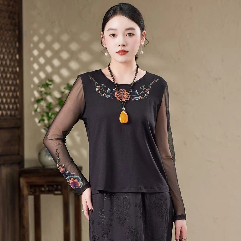 【网纱】内搭长袖拼接春秋季国 风早春上档次低领打底衫