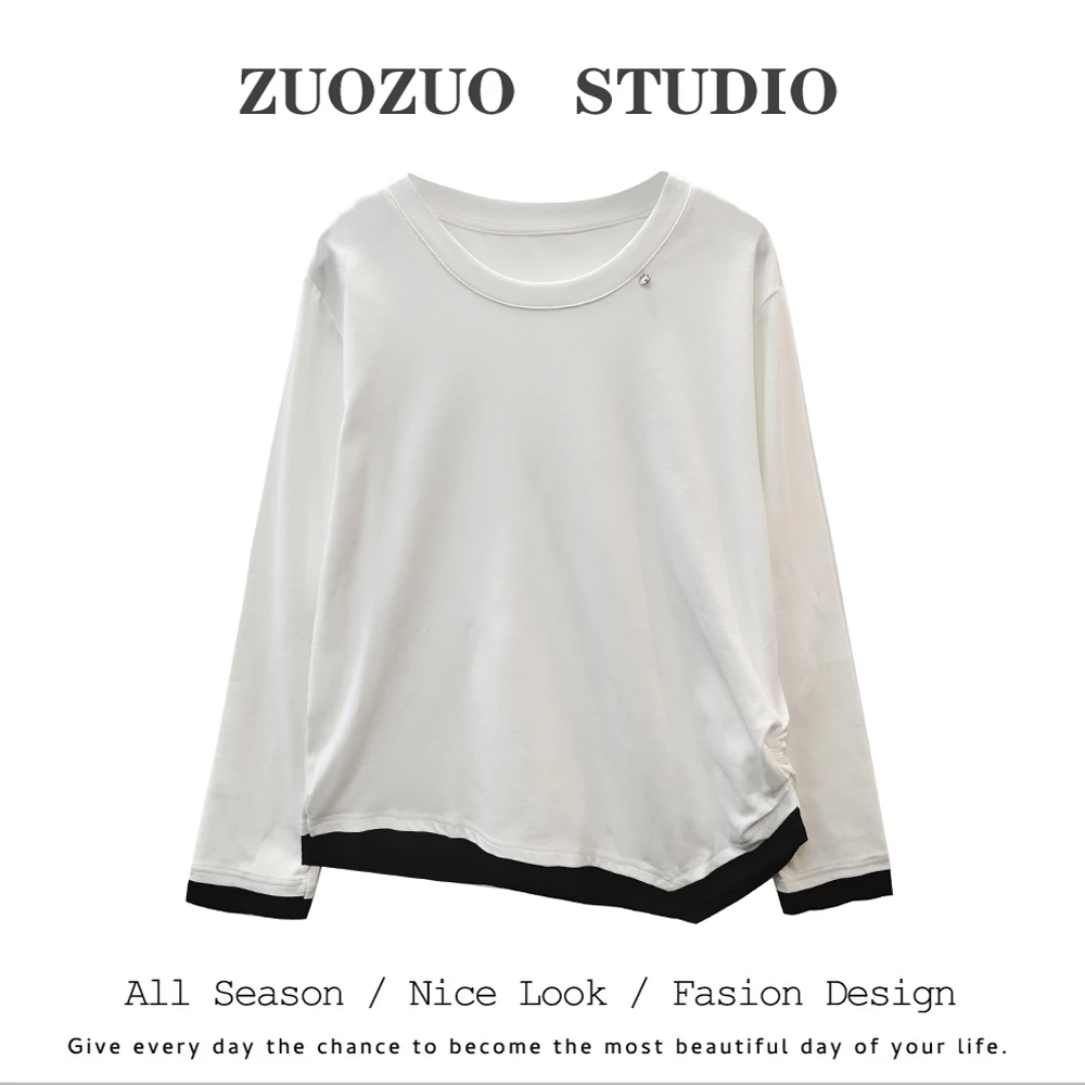 【ZUOZUO】2025春夏新款设计师款拼接色下摆长袖T恤82641