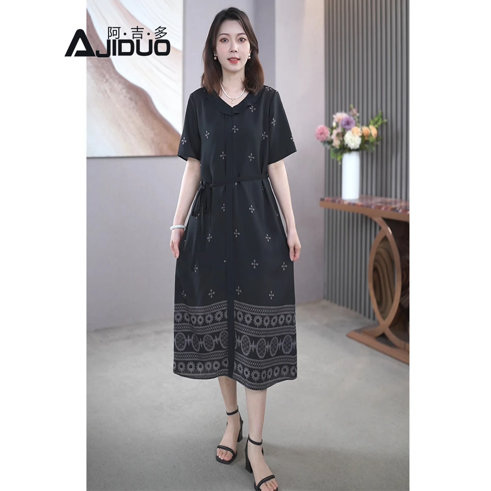 阿吉多短袖连衣裙女夏大码气质定位花妈妈装宽松显瘦中长裙A32032
