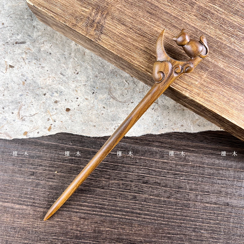 望月猫丨檀木簪子国风新中式复古可爱超仙气质盘发器发簪汉服头饰