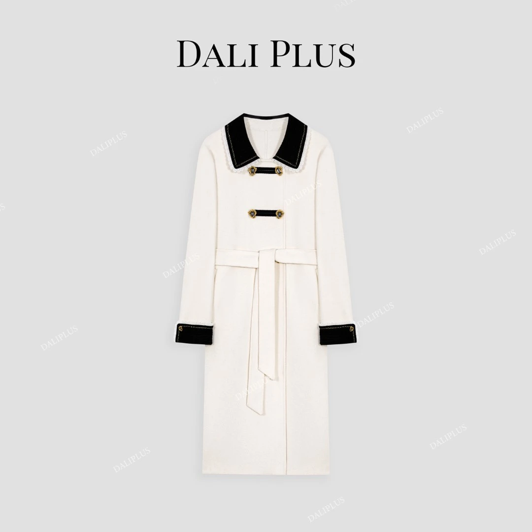 DALI PLUS【重磅高支澳毛】黑白撞色黑丝绒拼接双面呢大衣-D4YW0294