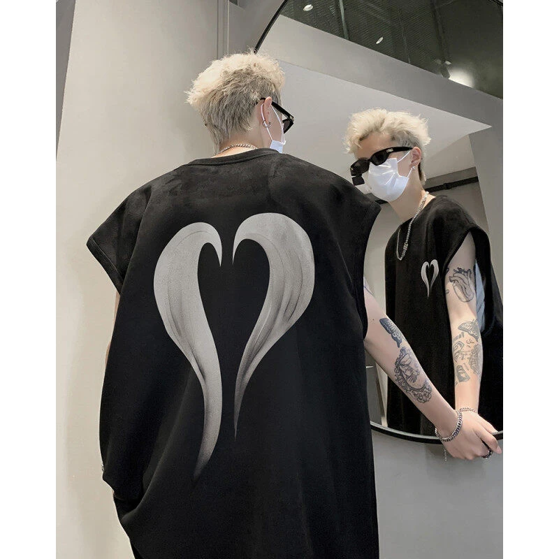 美式高街背心男潮牌夏季宽松重磅仿麂皮绒坎肩休闲运动无袖T恤男