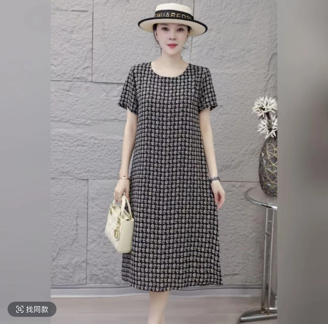 夏季新品亲肤透气发财花显瘦气质时尚格子圆领中长款女装连衣裙