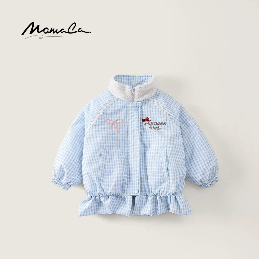 MOMOCO冬季2025新款女童小清新蓝白格加厚棉服外套77830107017