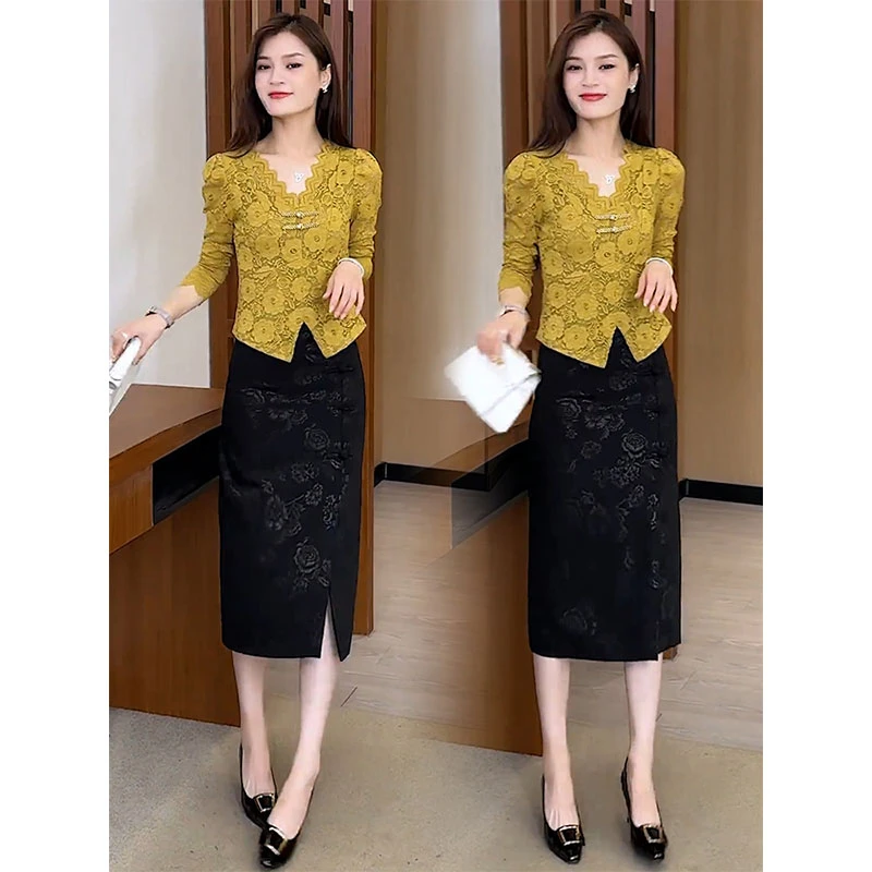 La babite时尚套装蕾丝衫女2025秋款V领百搭上衣时尚舒适包臀裙