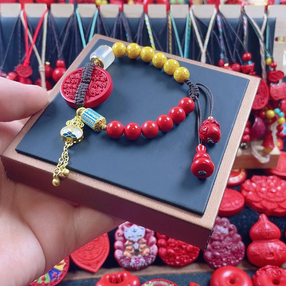 天然辰砂含辰砂工艺品山鬼花钱手绳