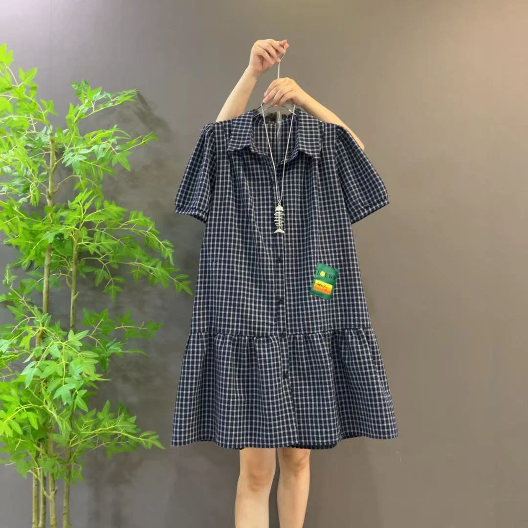 9030夏季新款甜美减龄polo领中长款系扣格子衬衫裙大码显瘦学院风