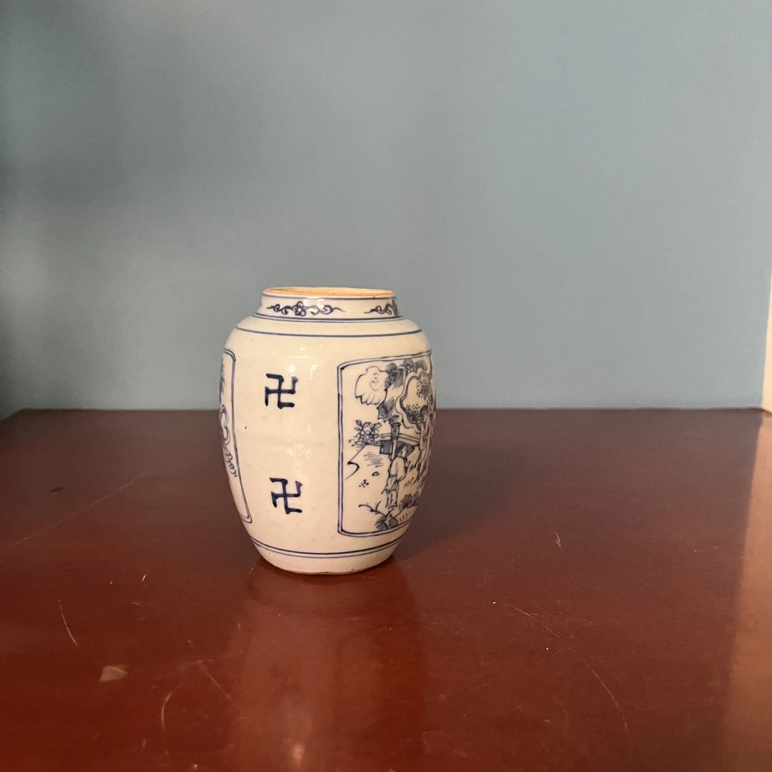 0019 清早期青花铁线描人物故事罐