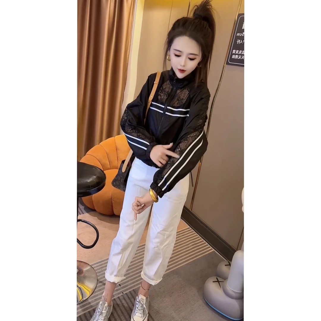 潮流蕾丝拼接短外套女夏季运动休闲防晒外套